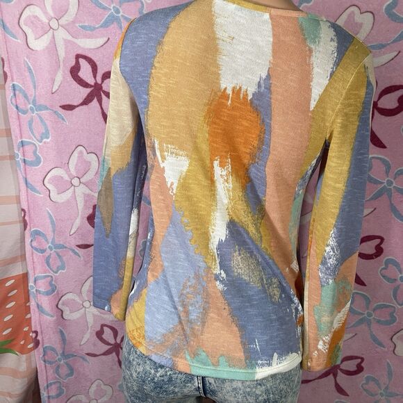 Y2k Figueroa & Flower Top Women Petite Medium Multicolor Abstract 3/4 Sleeve - Picture 3 of 4